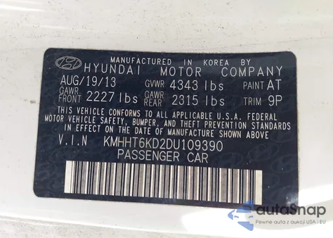 2013 Hyundai Genesis 2.0T z USA, uszkodzony, nr VIN KMHHT6KD2DU109390